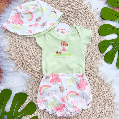 Conj. Body a Beautiful Day, Bucket e Short Frutinhas - Verde e Off White